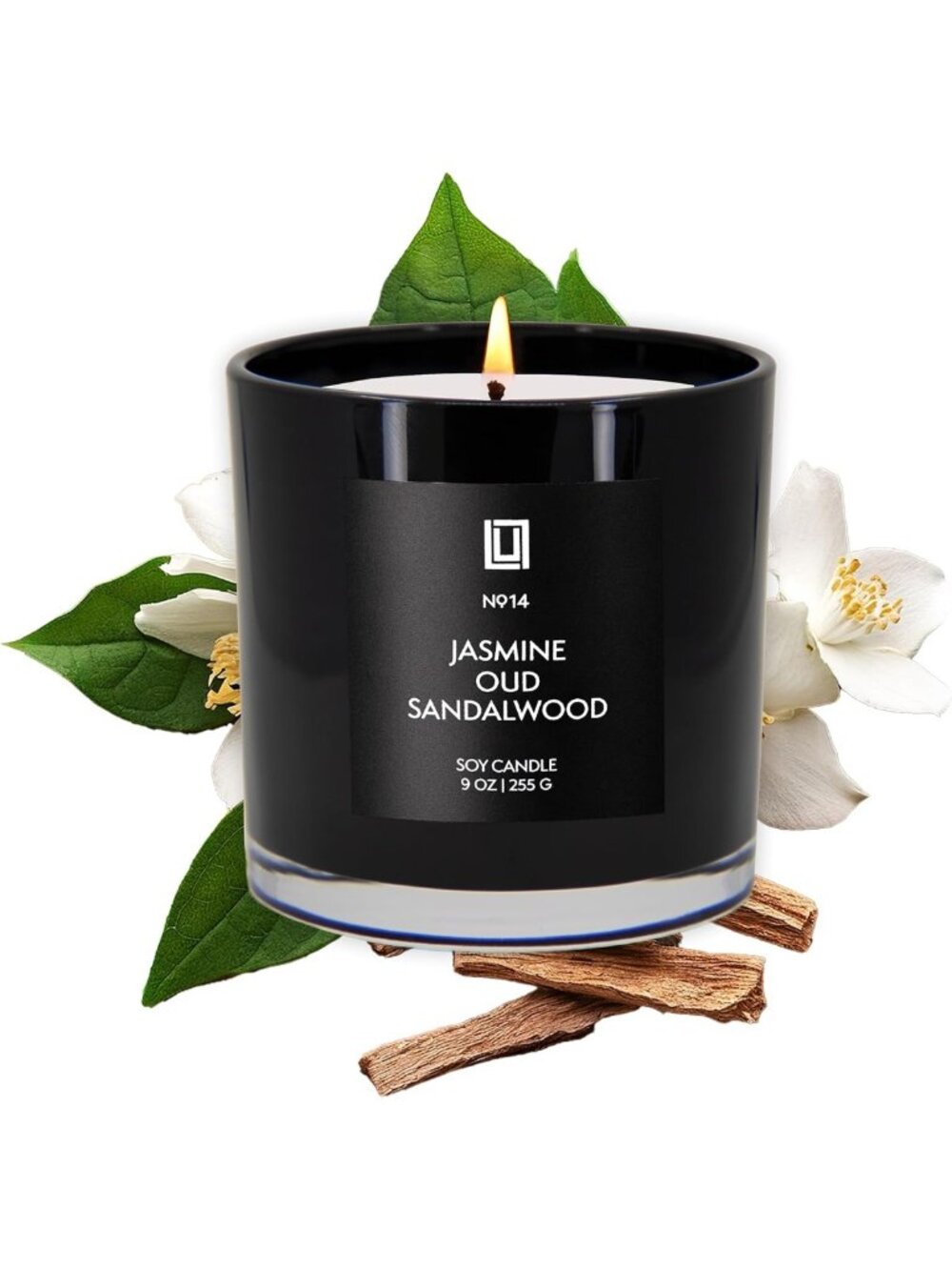 Jasmine, Oud & Sandalwood Scented Soy Candle - 9 Oz Aromatherapy Jar Candle